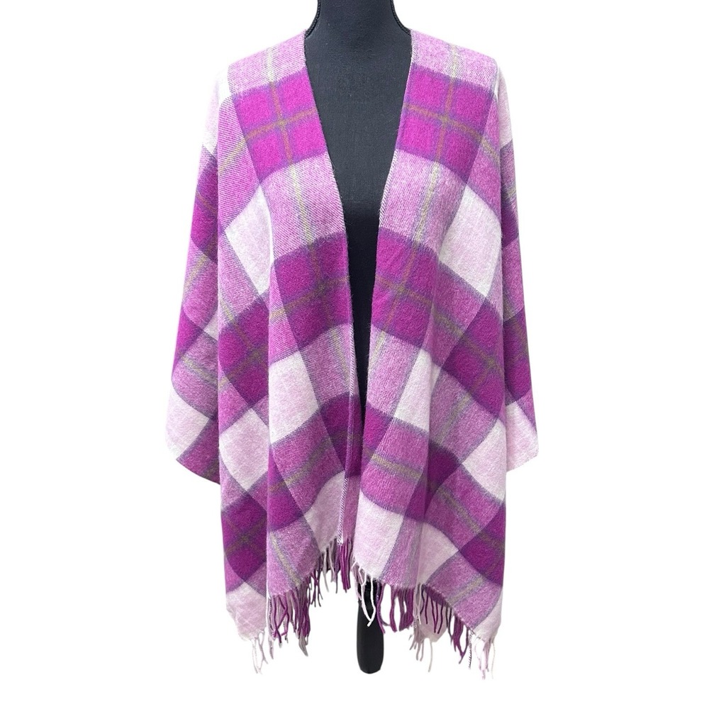 Edinburgh Ladies Purple Tartan Check 100% Lambswool Shawl Cape One Size VTG